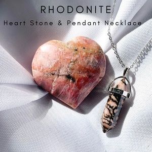 Rhodonite Crystal Heart Carved Stone and Hexagonal Pendant Necklace Bundle